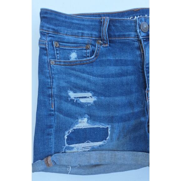 American Eagle Women's Midi Distressed Denim Shorts Blue Size 8 Rolled Hem - Picture 5 of 8